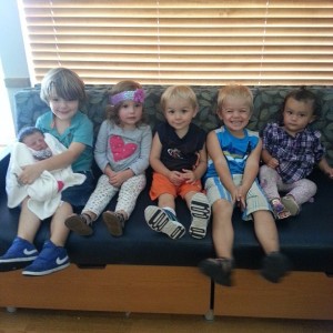 Dixie's Grandchildren: Tristan Fox holding Avrielle Phillips, Livia Fox, Lincoln Nolt, Easton Nolt, and Eva Fox 